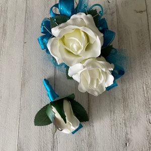 Corsage and matching boutonniere in Caribbean Blue-READY TO SHIP