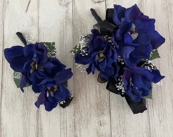 Corsage and matching boutonniere in royal blue-Ready to ship