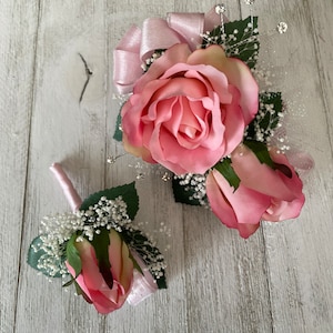 Wrist corsage and matching boutonniere in pink roses-READY TO SHIP