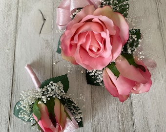 Wrist corsage and matching boutonniere in pink roses-READY TO SHIP