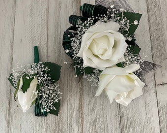 Wrist corsage and boutonniere in white roses with emerald green trim-READY TO SHIP