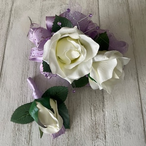 Corsage and matching boutonniere white roses trimmed in lavender-READY TO SHIP