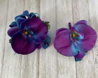 Wrist corsage and boutonniere in teal-purple orchids-READY TO SHIP