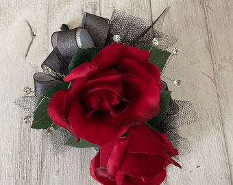 Red Rose wrist corsage and matching boutonniere-READY TO SHIP