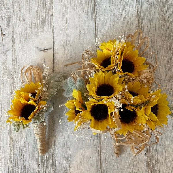 Corsage and matching boutonnière designed with mini sunflowers