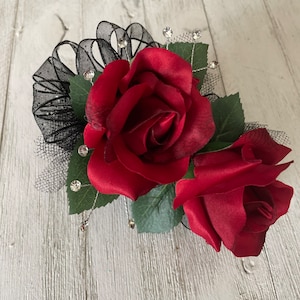Wrist corsage in red roses with black trim-READY TO SHIP