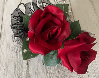 Wrist corsage in red roses with black trim-READY TO SHIP