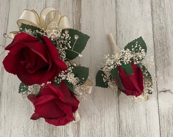 Wrist corsage matching boutonniere in red roses with cream trim-READY TO SHIP
