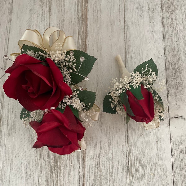 Wrist corsage matching boutonniere in red roses with cream trim-READY TO SHIP