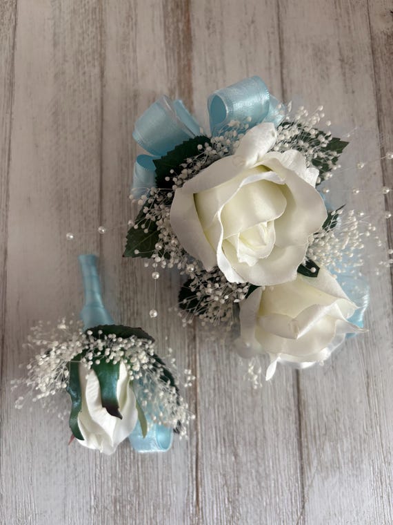 Wrist Corsage and Boutonniere in White Roses With Light Blue  display picture 1