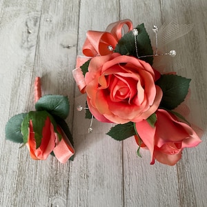 Wrist corsage and boutonniere in coral roses-READY TO SHIP