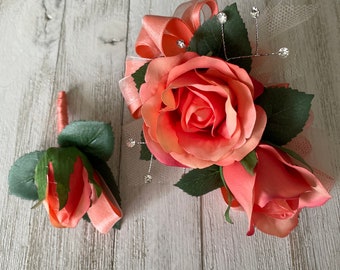 Wrist corsage and boutonniere in coral roses-READY TO SHIP