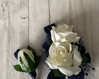 White rose corsage and boutonniere with navy ribbon-READY TO SHIP