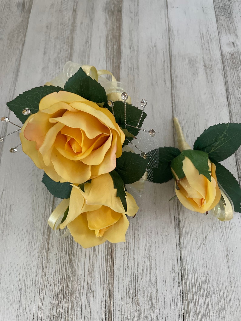 Yellow Silk Rose Corsage Boutonniere Set, Wedding Prom Flowers - Etsy