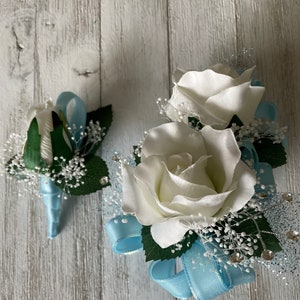 Wrist corsage and boutonniere in white roses with light blue ribbon-READY TO SHIP