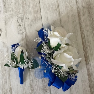 Wrist corsage and matching boutonniere in royal blue-READY TO SHIP