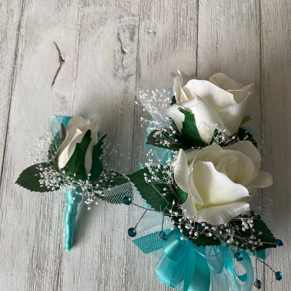 Wrist corsage and boutonniere in light aqua blue-READY TO SHIP