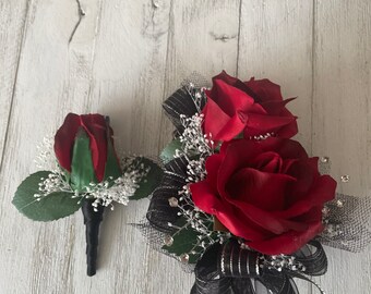 Wrist corsage matching boutonniere in red roses with black trim-READY TO SHIP