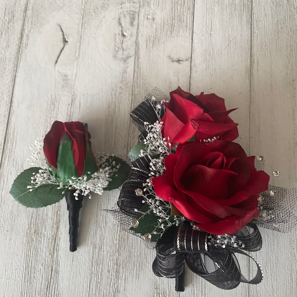 Wrist corsage matching boutonniere in red roses with black trim-READY TO SHIP