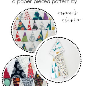 May include: Image features a paper pieced pattern titled "wonky triangles" by Owen's Olivia. The image showcases examples of the pattern, including colorful triangle designs in various fabrics. The design includes a variety of colors and patterns.