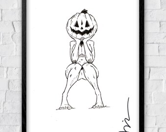 Pumpkin girl pinup A4 ink drawing horror original art