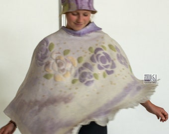 Unique piece with charming roses for romantic soul. Poncho / shawl / cover up / wrap. Cream, Pink, Lilac