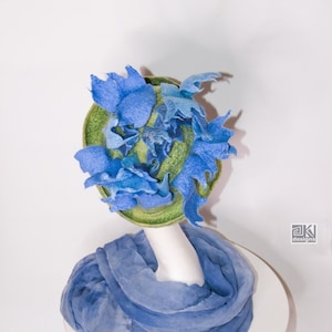 Cornflower, Summer Meadow, Blue Green, felted flower hat, hand felted hat, wet felted hat, cloche hat, flower bonnet, festival party event