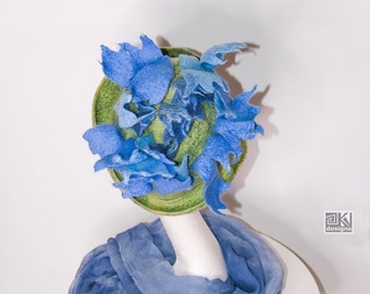 Cornflower, Summer Meadow, Blue Green, felted flower hat, hand felted hat, wet felted hat, cloche hat, flower bonnet, festival party event