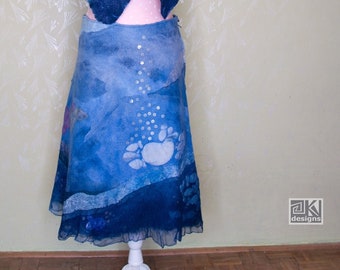 Nuno felted skirt, Fish, Sea, Underwater life, Blue wool skirt, Merino wool and Silk, Hand felted skirt, A line skirt, OOAK, Flock of fish