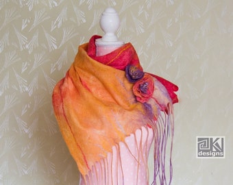 Nuno felted scarf, Sunrise, Sunset, Red, Orange, Yellow, Hand felted scarf, Wool and Silk scarf, felted Shawl, felted Wrap