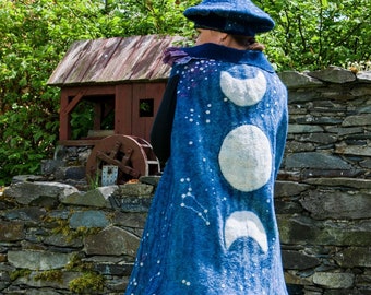 Nuno Felted Art Vest: Midnight Blue Merino Wool, Moon & Stars