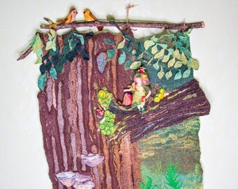 Mysterious woodland, Felted Wall hanging, Fairy, Elf, Birds, Magical beeings, Wall art panel, Wool Felted Tapestry, Textile art