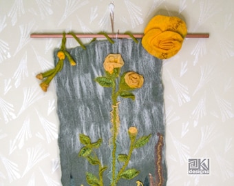 Felted Yellow Roses Wall Hanging: Wool Textile Art Panel
