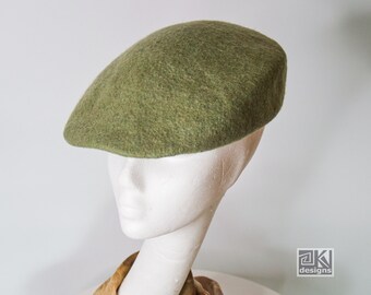 Hand Felted Merino Wool Flat Cap - Khaki Green unisex Flatcap