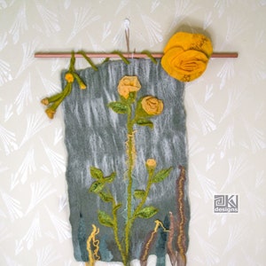 Yellow roses, Felted Wall hanging, Flower wall art, Wall art panel, Summer meadow, Flowers, Wool Felted Tapestry, Textile art