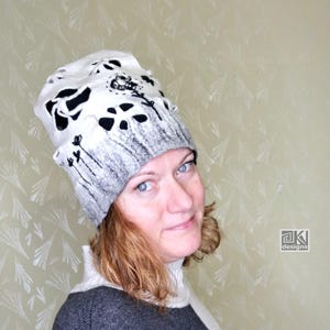 Black and White hand felted hat, merino wool wet felted one of a kind hat