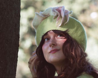 Hand Felted Merino Wool Beret: Rose Petals, Pistachio Green, Wearable Art Hat