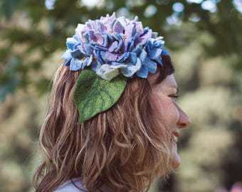 Hydrangea Fascinator, Hand felted wearable art headpiecs, Felted Cocktail Hat