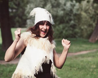 White woolen vest, Hand felted vest with curly collar, Fake fur