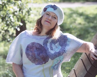 Nuno Felted Top, Merino Wool Silk, Purple Flower Art Wearable, Women's One Size