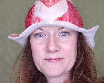 Hand Felted Merino Wool Hat: Red Heart Sculptural Wide Brim