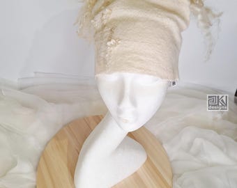 Hand Felted Merino Wool Slouchy Hat, White Cheerful Beanie for Women