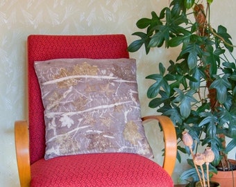 Eco printed linen pillow case with maple leaves, one of a kind