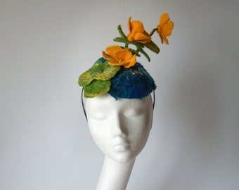 Buttercup fascinator, hand felted cocktail hat, Original headpiece, marsh marigold, Green Yellow Blue, Hand felted hat