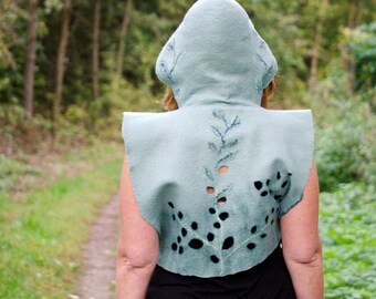 Hand Felted Merino Wool Hooded Vest: Mint Green Wearable Art