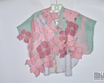 Unique cover up with charming pastel hydrangeas for romantic soul. Poncho / shawl / wrap. Dusty pink and Mint green