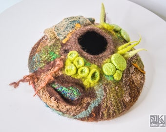 Hand-felted Merino Wool Bowl: Woodsy Fiber Art Vessel
