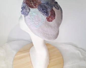 Hand Felted Merino Wool Beret: Purple flowers on Grey background, Everyday womens hat