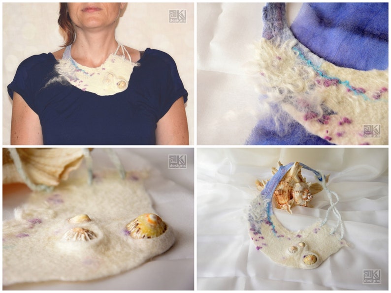 May include: A white felted necklace with blue and purple accents and seashells. The necklace is shown on a model and on a white surface.
