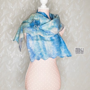 Nuno felted shawl, Turquoise, Hand felted scarf, Blue and White, Wool and Silk scarf, Felted wrap, Warm and Light scarf, wearable art scarf image 2